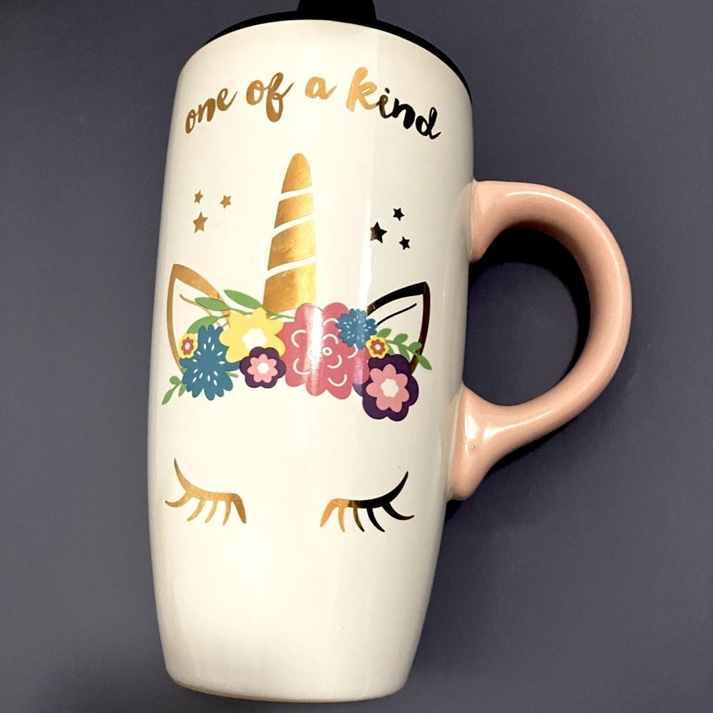 Unicorn Ceramic Sheffield Travel Mug with Lid- Coffee or Tea Pink Handle